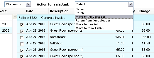 Ability to transfer charges between folios and to group leader