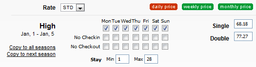 Minstay and Maxstay currently could be set per season also ability to setup no check-in and no check-out days of the week (per season)